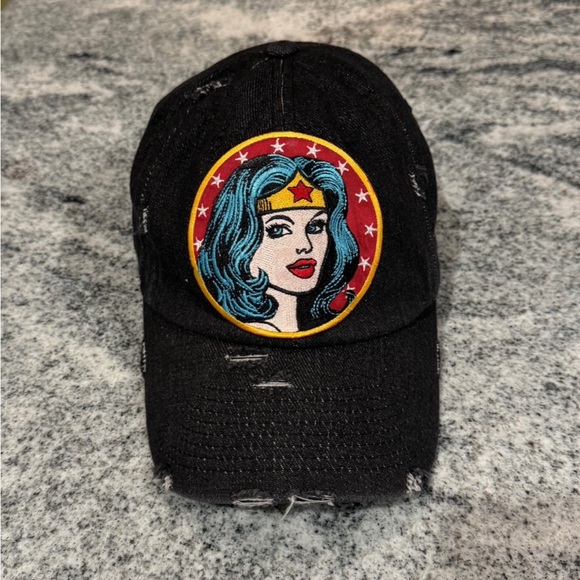 New Custom Designed Black Distressed Baseball Cap with Wonder Woman, Adjustable main image 4